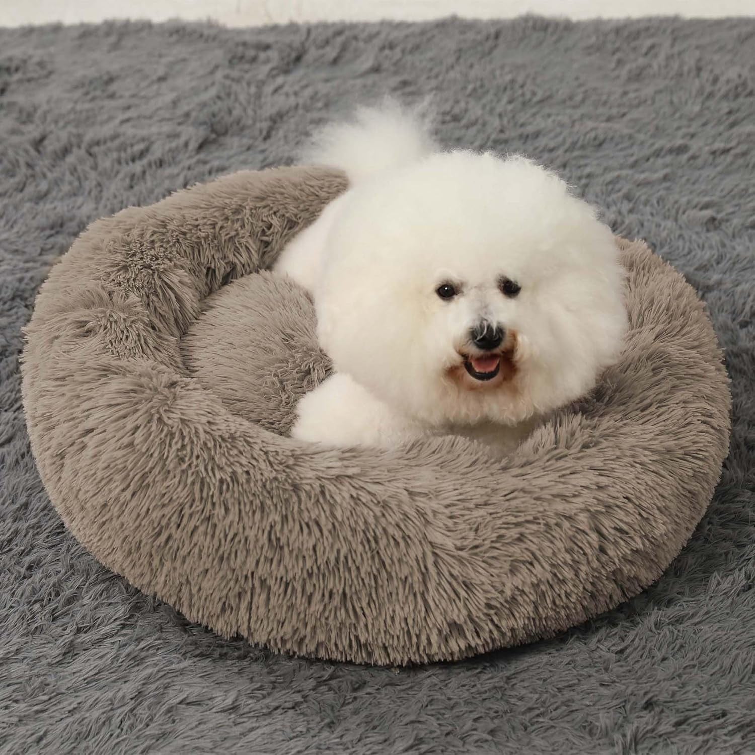 Calming Donut Cuddler Dog Bed, round Fluffy Pet Bed for Large Dogs,Washable, Large, Gray, 30''