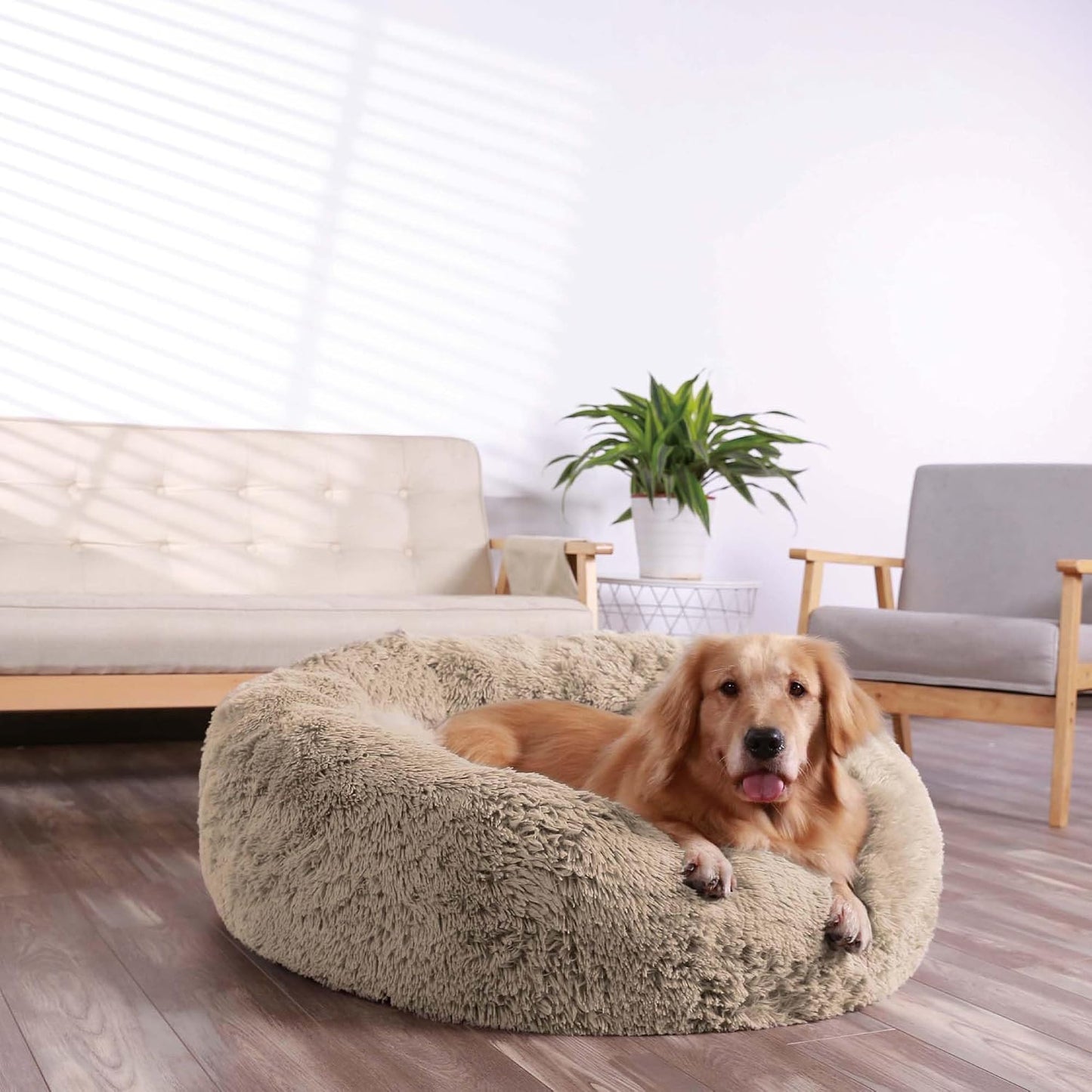 Calming Donut Cuddler Dog Bed, round Fluffy Pet Bed for Large Dogs,Washable, Large, Gray, 30''