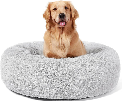 Calming Donut Cuddler Dog Bed, round Fluffy Pet Bed for Large Dogs,Washable, Large, Gray, 30''